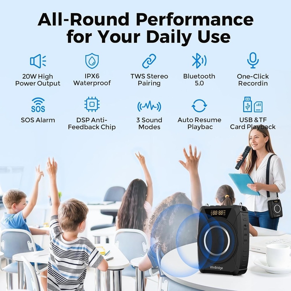 WinBridge M802 20W Portable Voice Amplifier Wireless Mic PA Bluetooth Speaker - Picture 3 of 8